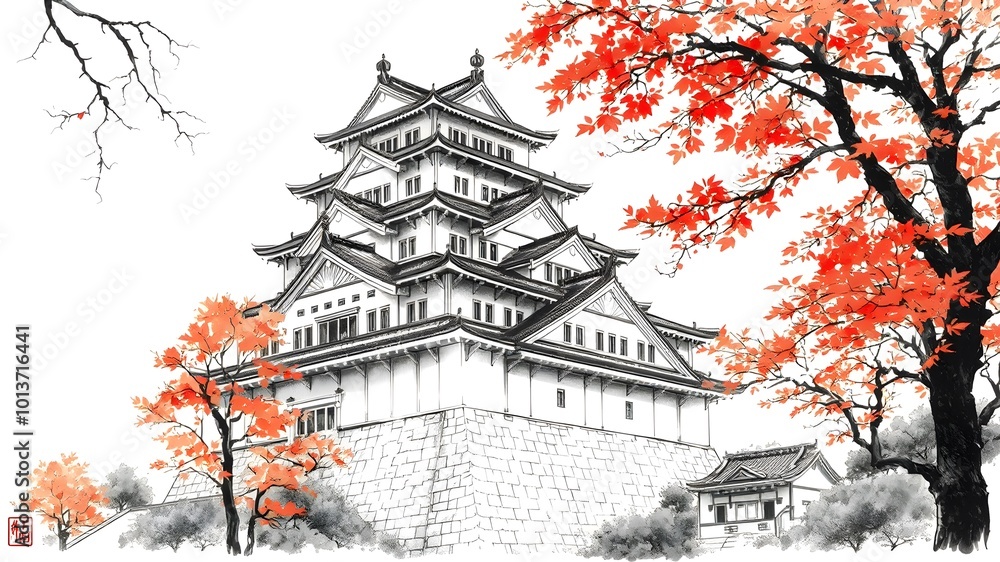 Himeji Castle in autumn with momiji in ink art Himeji Castle in autumn with momiji in ink art
