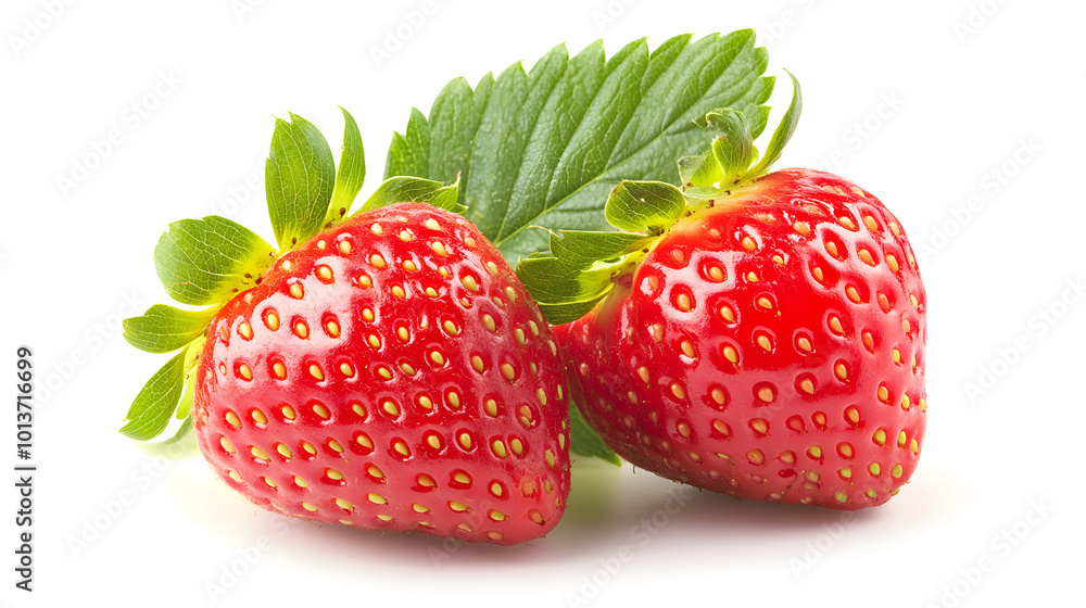 Strawberries isolated design. Two ripe strawberries, half a strawberry with green leaves on a white background design. isolated on a white background design Strawberries isolated design. Two ripe strawberries, half a strawberry with green leaves on a white background design. isolated on a white background design