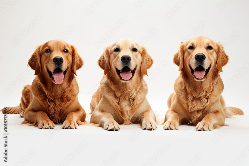 Adorable Golden Retrievers Trio Playing and Relaxing on White Background Adorable Golden Retrievers Trio Playing and Relaxing on White Background