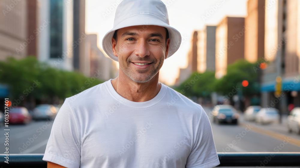 Man wearing white t-shirt and white bucket hat standing on cityscape background Man wearing white t-shirt and white bucket hat standing on cityscape background