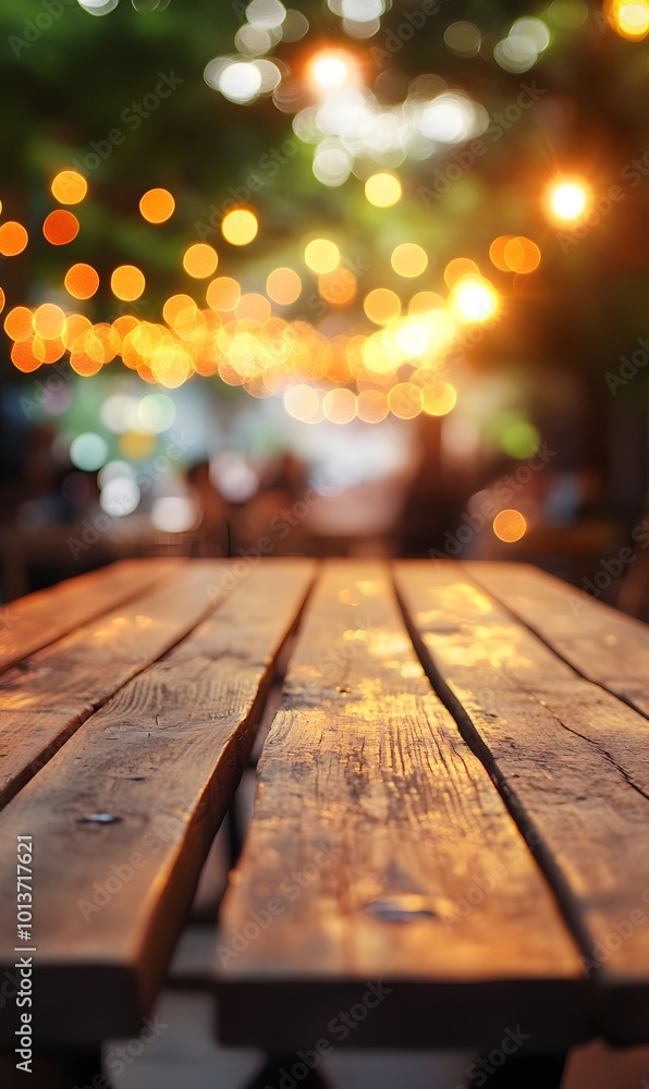 3. **Evening Glow:** Depict an empty wooden table at dusk, softly illuminated by enchanting bokeh lights. The hazy outlines of an outdoor cafe filled with patrons enjoying dinner create a magical 3. **Evening Glow:** Depict an empty wooden table at dusk, softly illuminated by enchanting bokeh lights. The hazy outlines of an outdoor cafe filled with patrons enjoying dinner create a magical