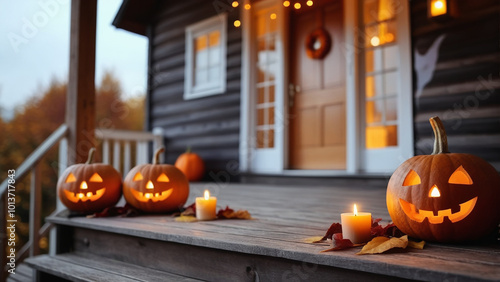 Halloween pumpkins, candles and autumn leaves on the wooden house