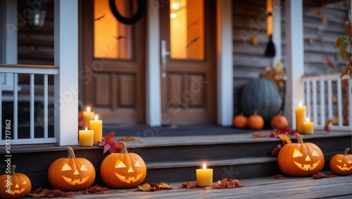 Halloween pumpkins, candles and autumn leaves on the wooden house