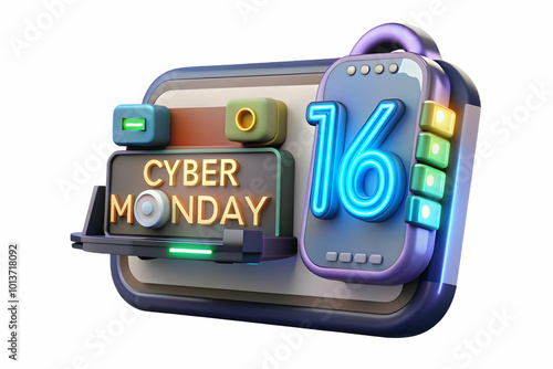 3D Macro Close-Up of Glowing Tech Gadget Showcasing Cyber Monday Promotions - Futuristic Device with Vibrant Digital Content on Isolated White Background