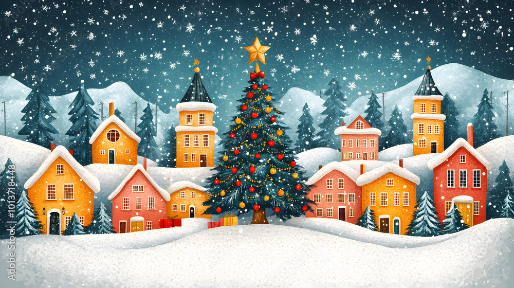 Retro Snowy Village Christmas Postcard Retro Snowy Village Christmas Postcard