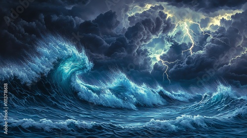 An illustration of painting of a stunning and powerful landscape, crashing stormy waves, lightening, angry skies, background, screensaver