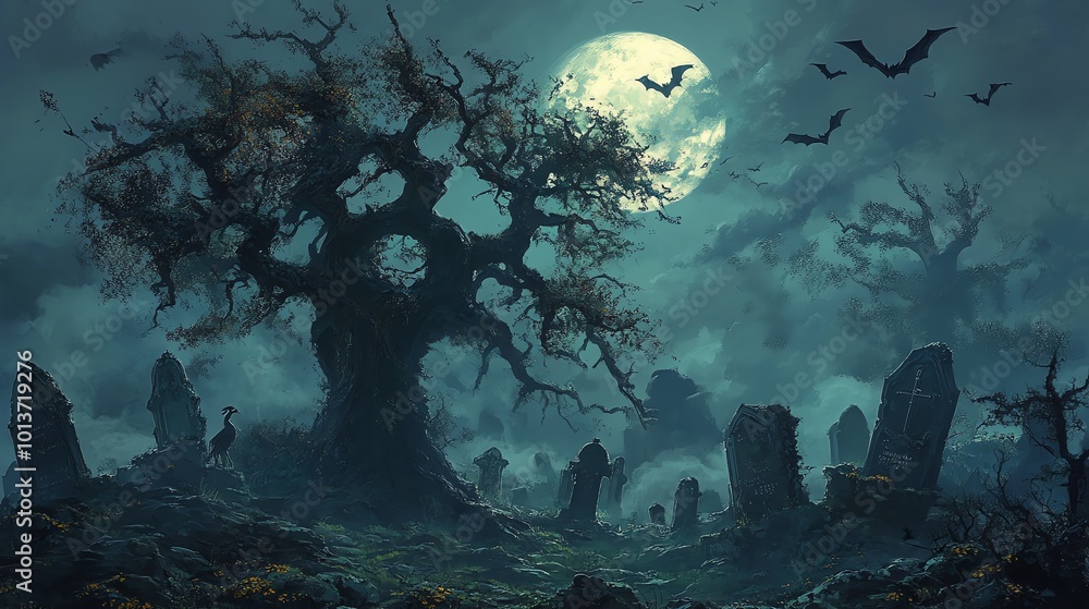 An illustration of a spooky forest in a creepy grave yard, misty ambience, a silhouette of bats in the sky, Halloween concept