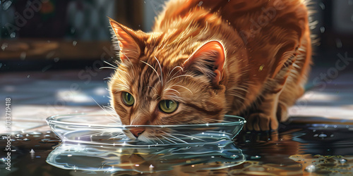 An orange tabby cat lapping at a dish of fresh water, its green eyes reflecting the surroundings.