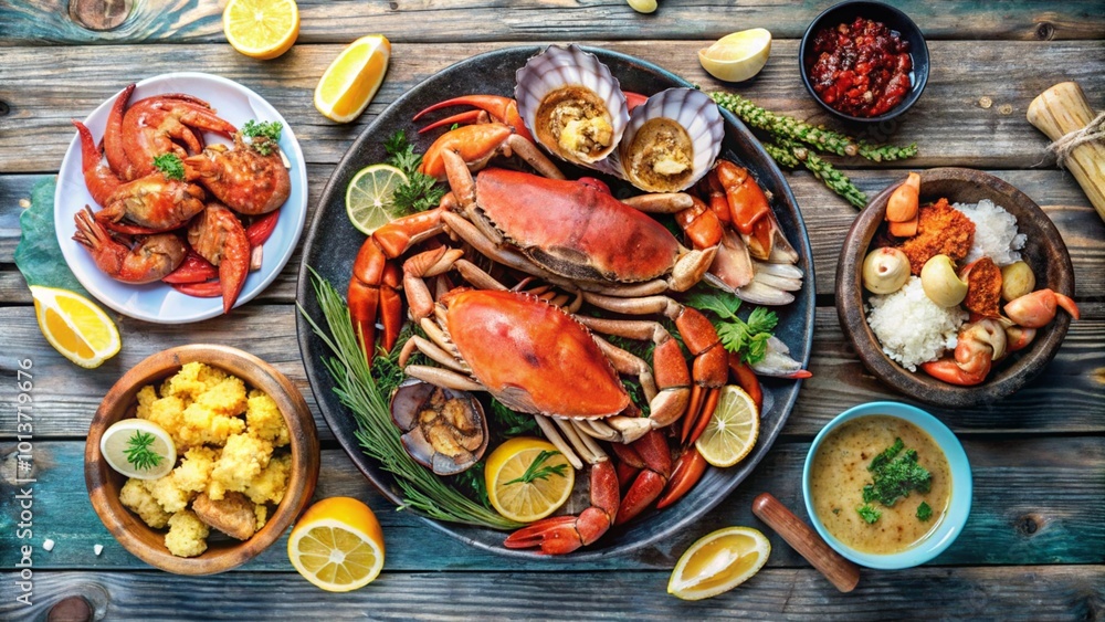 A delicious spread of seafood including crabs, clams, and rice on a rustic wooden table. A delicious spread of seafood including crabs, clams, and rice on a rustic wooden table.