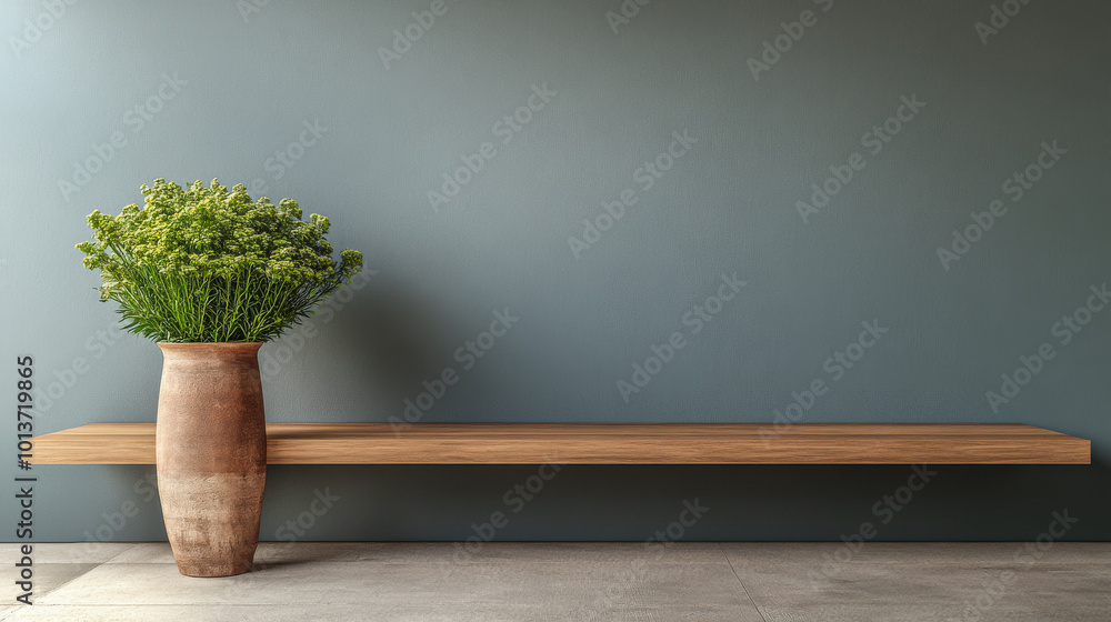 Fototapeta premium Minimalist wooden bench with a rustic vase of greenery against a muted wall in a modern space