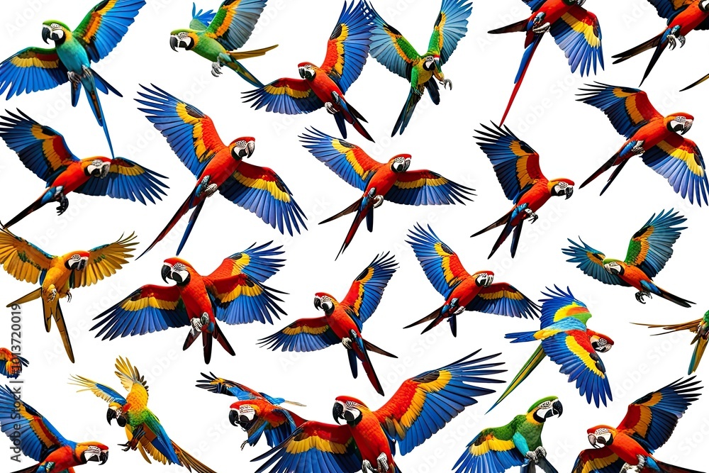 Fototapeta premium Vibrant Flying Macaw Parrots Isolated on White Background for Nature Lovers