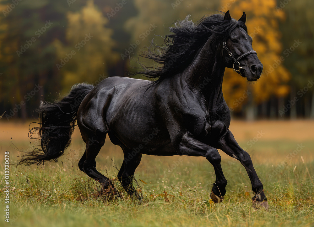 Elegant black horse running through autumn meadow. A majestic black horse gallops gracefully across a vibrant autumn meadow, surrounded by colorful trees in a serene landscape. Elegant black horse running through autumn meadow. A majestic black horse gallops gracefully across a vibrant autumn meadow, surrounded by colorful trees in a serene landscape.