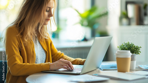 woman lounging on a bed with her laptop, a cat curled up beside her, exuding a relaxed yet productive teleworking atmosphere,