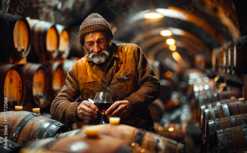 Elderly vintner tasting wine in a rustic cellar. An elderly man with a beard inspects a glass of wine inside a dimly lit cellar filled with barrels, showcasing traditional winemaking.