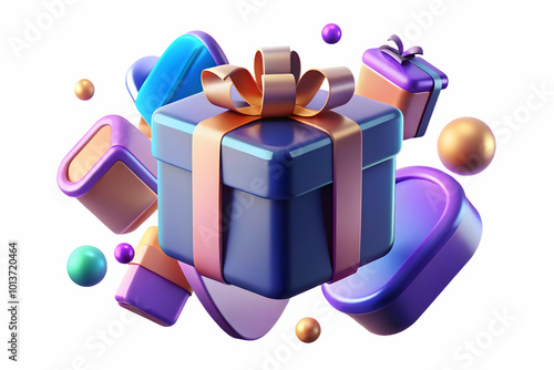 Abstract Glowing Gift Box Surrounded by Floating Digital Shopping Elements for Cyber Monday Deals - E-commerce and Digital Technology Concept