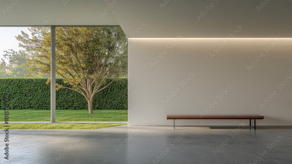 Fototapeta premium Modern minimalist interior with a bench and large window overlooking a tranquil outdoor space