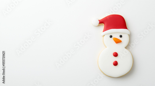 snowman with hat, a snowman shaped iced sugar cookie on a white background, wearing red hat, handmande cookie