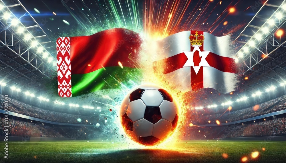 Φωτογραφία Belarus vs Northern Ireland Football Match with soccer ball on the background of