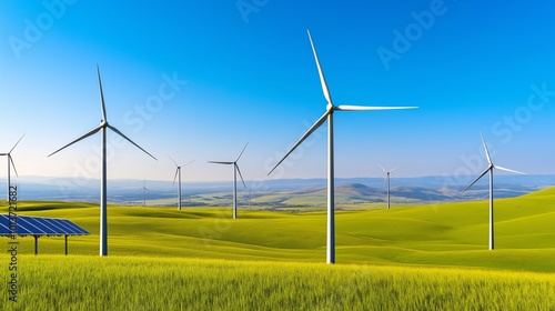 Wind turbines and solar panels in a landscape of green fields, forests, flowers, and blue sky. Symbolizing renewable energy and sustainability