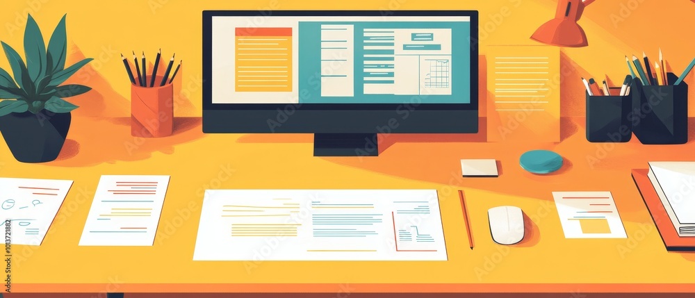 Efficient Workspace with Project Planning Documents and Digital Tools for Text Placement - Flat Design Efficient Workspace with Project Planning Documents and Digital Tools for Text Placement - Flat Design
