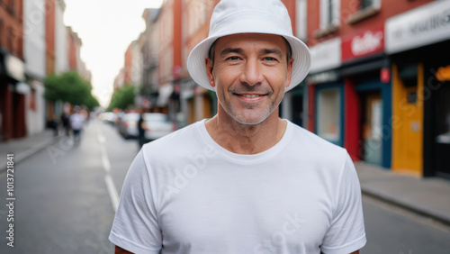 Man wearing white t-shirt and white bucket hat standing on the street