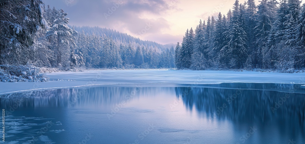 Fototapeta premium Snowy landscape with tranquil lake and forested mountains under a soft winter light.