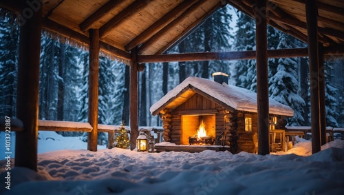 Cozy Wood Cabin Interior with Christmas Decorated Fireplace, Snow falling in the Forest