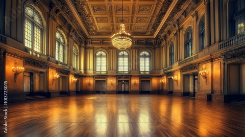 A grand, empty ballroom with ornate architecture, featuring a chandelier and polished wooden floor, ideal for events.