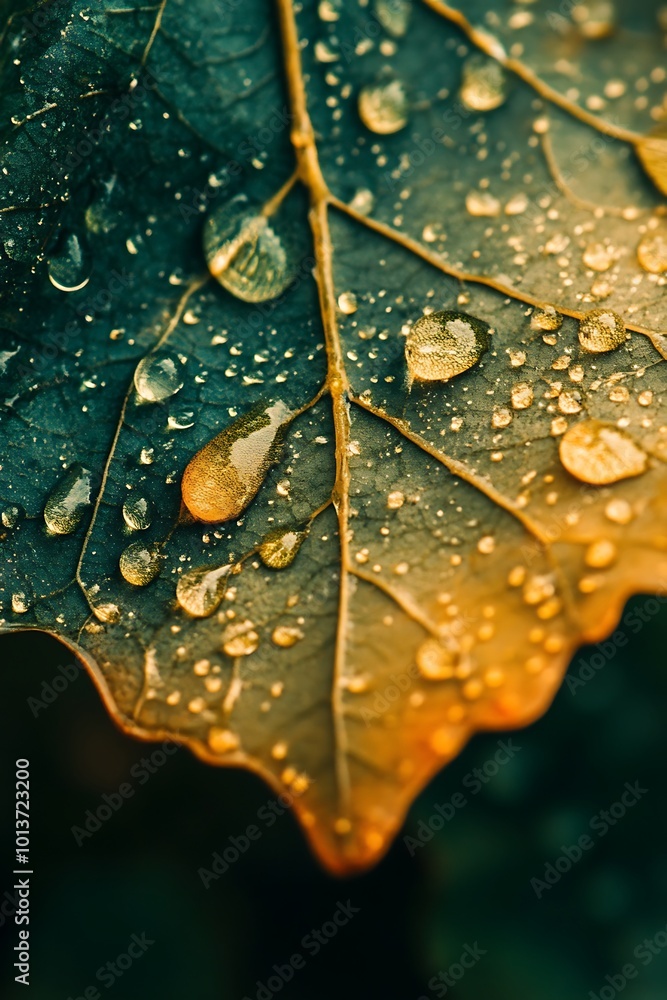 Fototapeta premium Closeup of Raindrops on Green and Yellow Leaf