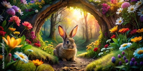 A captivating woodland glimmers with vibrant flowers encircling a mysterious rabbit hole, beckoning adventurers to dive into a world filled with enchanting wonders. photo