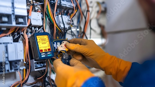 Electricity and electrical maintenance service, featuring an engineer's hand holding an AC voltmeter to check electric current voltage.