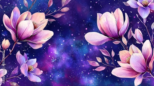 seamless pattern watercolor with big magnolia's with branches and leafs on a purple galaxy background with stars and small cirkels photo