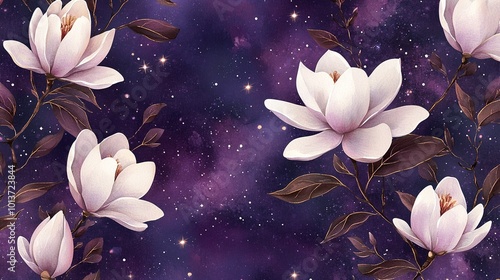 seamless pattern watercolor with big magnolia's with branches and leafs on a purple galaxy background with stars and small cirkels photo