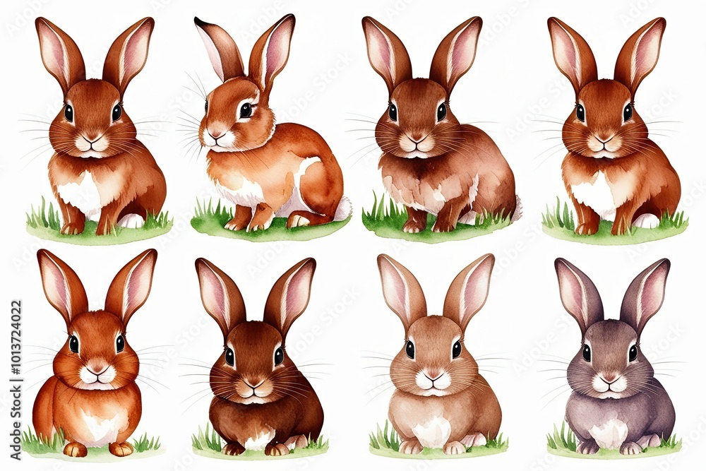 Fototapeta premium Adorable Brown Rabbit Watercolor Illustrations on Clean White Background