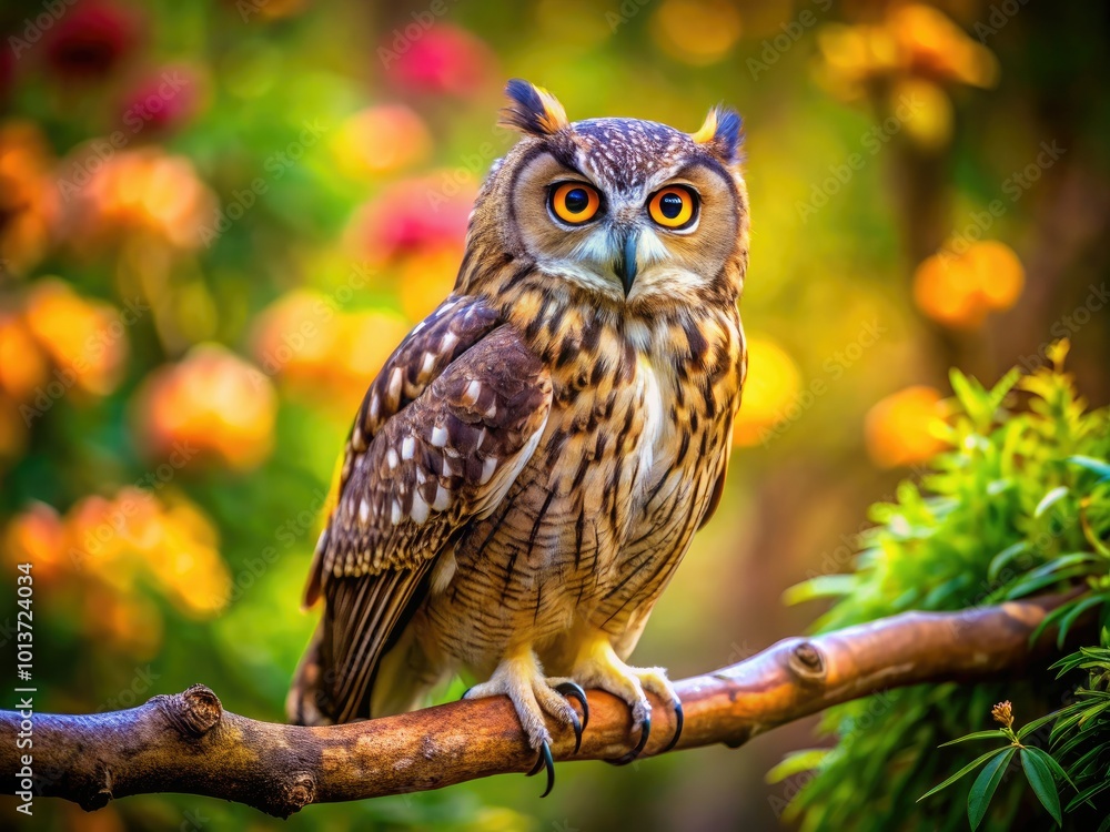 A colorful owl rests on a branch, its vibrant hues highlighted against a softly blurred natural background, capturing the essence of nature's beauty and tranquility.