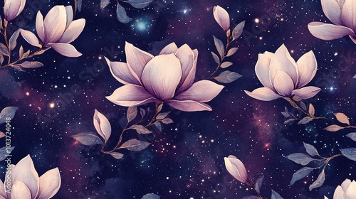 seamless pattern watercolor with big magnolia's with branches and leafs on a purple galaxy background with stars and small cirkels photo