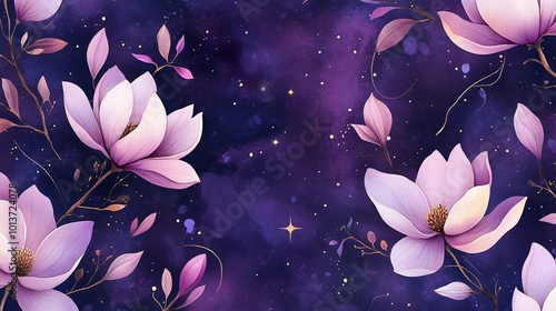 seamless pattern watercolor with big magnolia's with branches and leafs on a purple galaxy background with stars and small cirkels photo