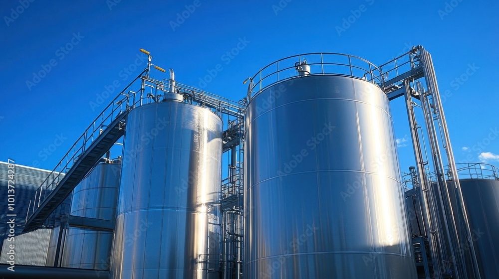 A network of metal tanks and pipelines at an industrial plant, with a bright blue sky contrasting the metallic structures A network of metal tanks and pipelines at an industrial plant, with a bright blue sky contrasting the metallic structures