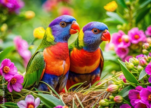 Adorable Colorful Love Birds Nesting Together in a Peaceful Natural Setting of Greenery and Flowers