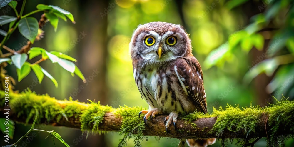 Obraz premium Adorable Owl Perched on a Branch in a Lush Green Forest with Bright Eyes and Fluffy Feathers