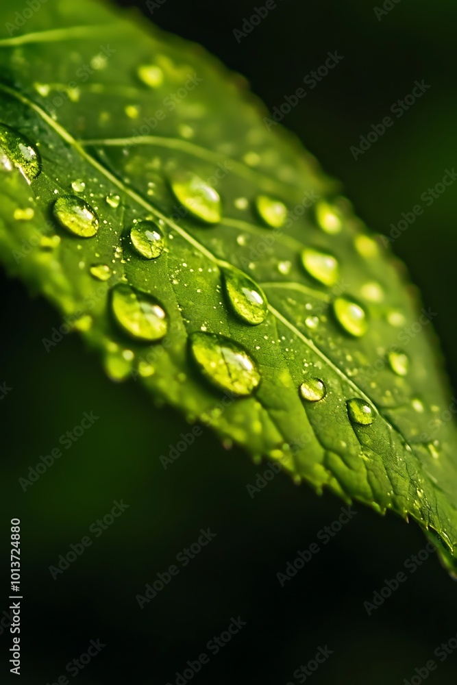 Closeup of Dew Drops on a Green Leaf Closeup of Dew Drops on a Green Leaf