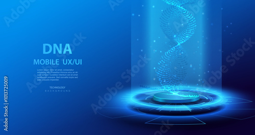 Artificial Intelligence DNA particle waves on technology platform. Future chromosome connect innovation vector design. Biotech genetic biology dna molecule background. Ai blue particles dots banner.