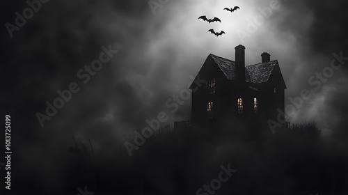 Silhouette of a haunted house and bats on a dark night background, with copy space above the house