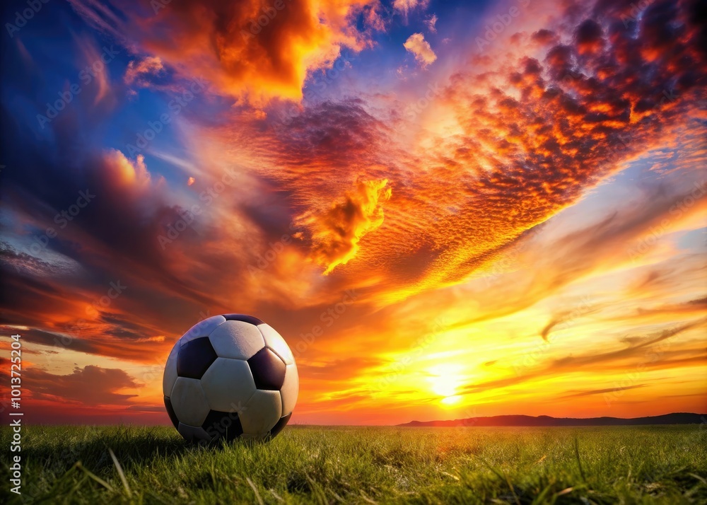 Fototapeta premium Against a stunning sunset sky, a dramatic football silhouette embodies the spirit of the game, showcasing the passion, energy, and dedication of its players.