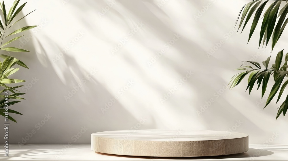 A serene and modern display scene featuring a circular wooden podium surrounded by fresh green foliage, ideal for showcasing products, art pieces, or promotional materials . 3D rendering A serene and modern display scene featuring a circular wooden podium surrounded by fresh green foliage, ideal for showcasing products, art pieces, or promotional materials . 3D rendering