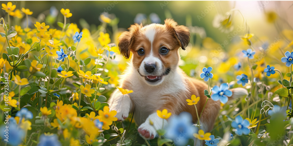 A playful puppy romping through a field of yellow daisies and blue forget-me-nots. A playful puppy romping through a field of yellow daisies and blue forget-me-nots.