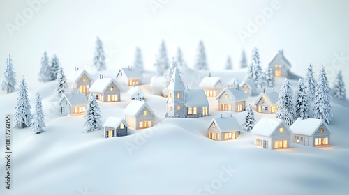 3D Peaceful Winter Village with Snow-Covered Roofs, Glowing Windows, and Ample Copy Space for Promotional Use on a White Background