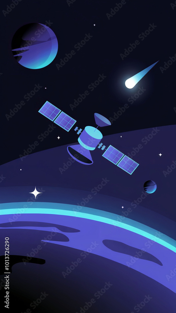 Space scene with a satellite and a comet Space scene with a satellite and a comet