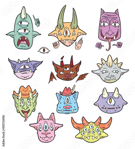 color vector set of drawn different funny monster faces