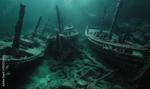 Eerie underwater graveyard of ancient vessels, 4K hyperrealistic photo